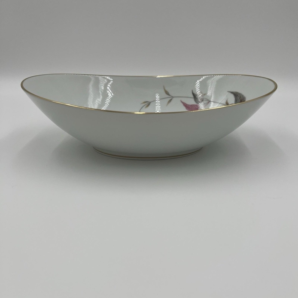 Noritake Arden 5603 Oval Vegetable Serving Bowl Pink Grey Leaf Gold Trim‎ Japan
